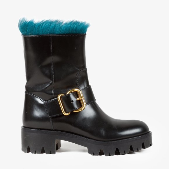 Prada Blue Fur Black Leather Moto Boots - Picture 1 of 10